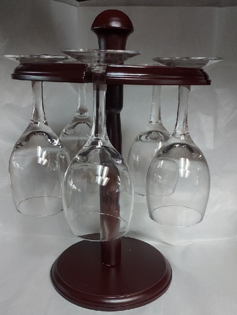 Mini Bar Cherry Wood Table Top Rack With Small Cordial Glasses.